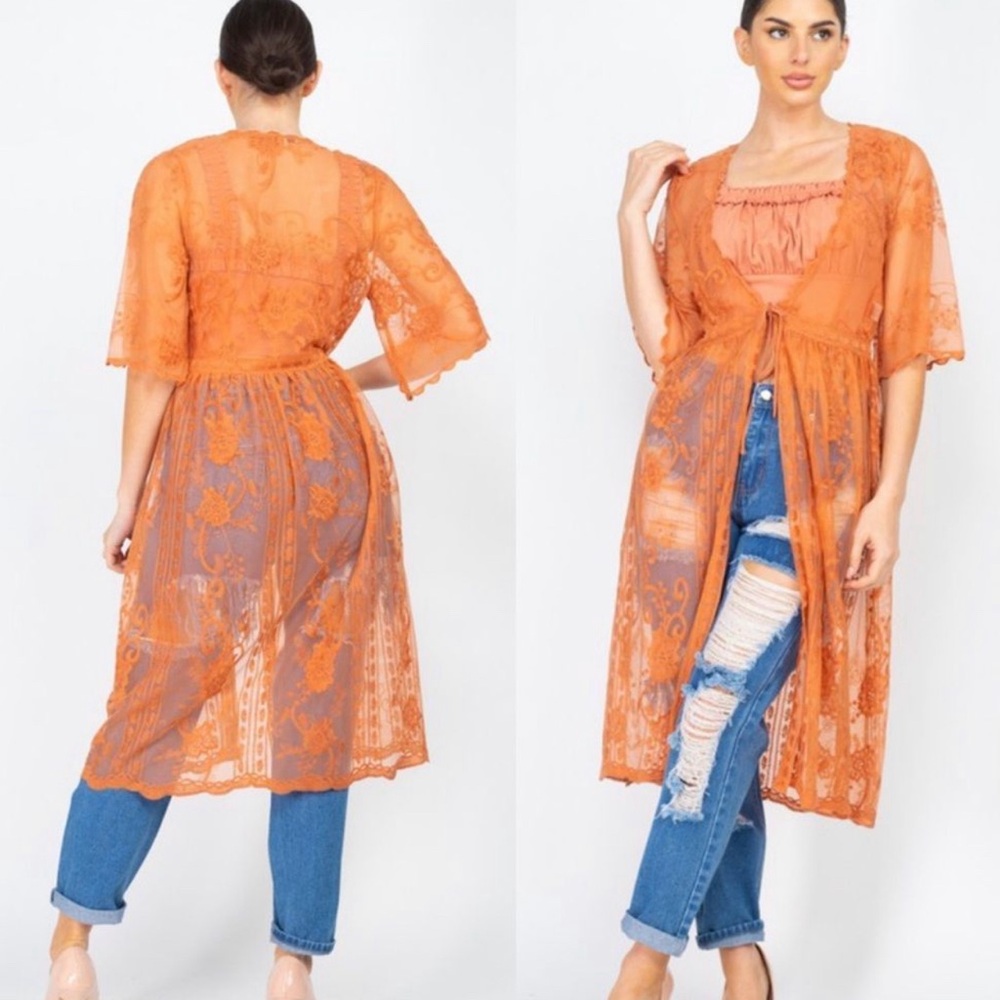 Rust lace embroidered detail cardigan - Picture 2 of 9